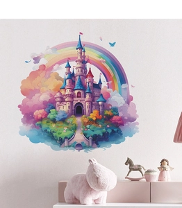 Detail of cartoon rainbow castle wall stickers with colorful clouds for kids' room decor