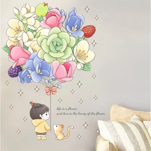 Stickers muraux fille dessin animé avec ballons fleurs et citation de motivation