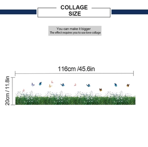 Detail view of colorful butterfly and green grass wall sticker with dimensions in inches
