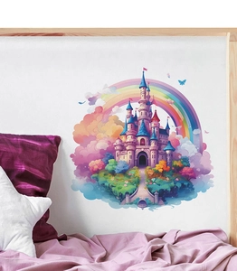 Detail of colorful fairy tale castle and rainbow wall stickers in cozy children's bedroom