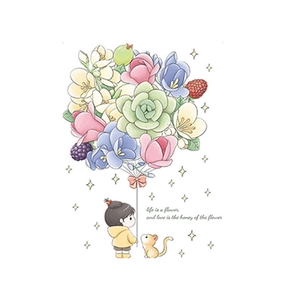 Sticker mural fille avec grand bouquet de fleurs pour décoration de salon et chambre