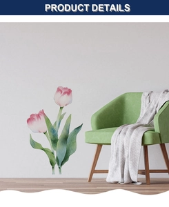 Detail of watercolor pink tulip wall stickers on a white wall with a green chair