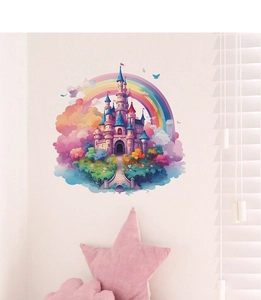 Close-up of colorful cartoon castle wall sticker with rainbow and clouds in kids room