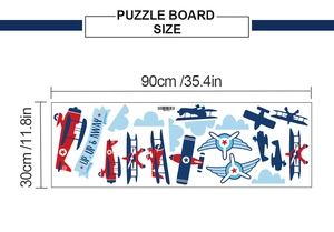 Detailed dimensions of cartoon airplane wall decals with UP, UP & AWAY ribbon text