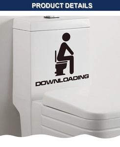 Close-up of funny toilet sticker showing a downloading silhouette man on tank