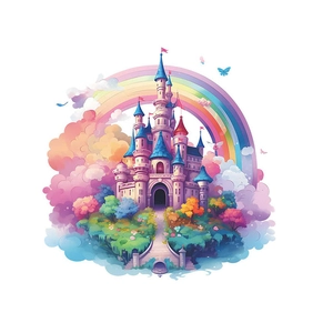 Cartoon fairy tale castle wall decal with rainbow and colorful clouds for kids' room