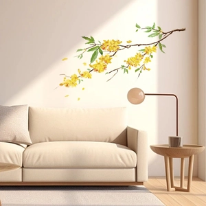 Watercolor yellow flower wall stickers for living room decor with green leaves and blossoms