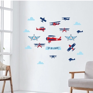 Cartoon fighter planes and clouds wall stickers set with Up Up & Away text for home decor