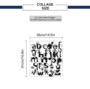 Collage size detail for monster alphabet wall decals measuring 38cm by 41cm