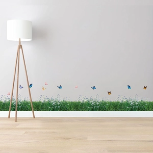 Floral garden wall decals with green grass and colorful butterflies for home decoration