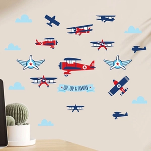 Cartoon fighter airplane wall decals with clouds and Up Away slogan for nursery decor