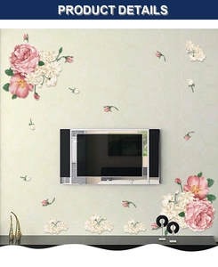 Detail showing pink peony and rose wall stickers arranged around a television unit
