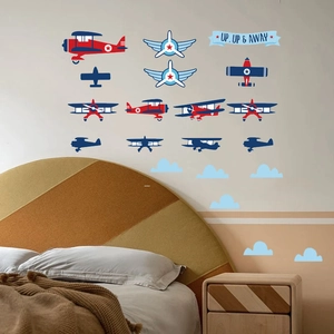 Cartoon fighter planes wall stickers set with Up Up and Away banner for kids room decor