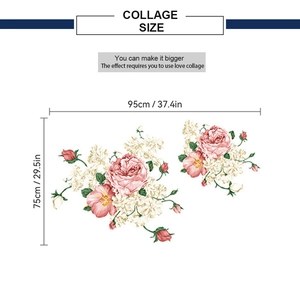 Detailed wall sticker layout with pink peony collage size 95cm by 75cm dimensions