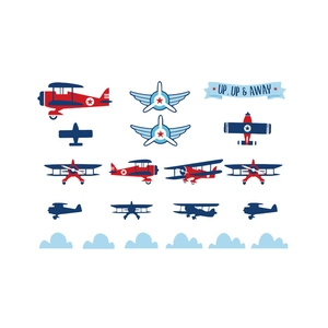 Cartoon propeller plane wall stickers set with clouds and up and away text decals