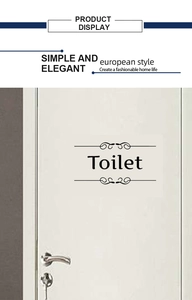Détail d'un autocollant noir minimaliste pour porte de toilettes avec motifs sur porte blanche
