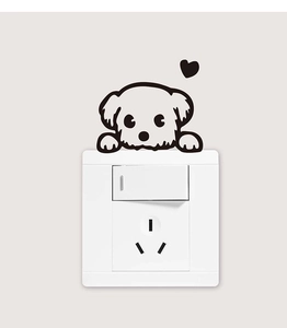 Minimalist puppy wall sticker decor showing close-up of cartoon dog and heart over switch