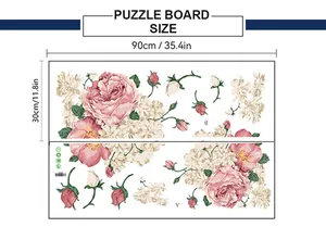 Detailed dimension sheet for floral wall stickers measuring 90cm by 30cm with pink peonies