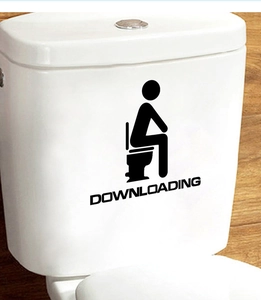 Funny Downloading toilet sticker on white ceramic tank with stickman icon design