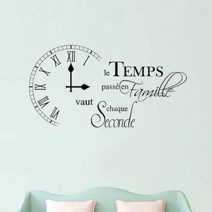 French Quote Family Time Wall Sticker With Clock Roman Numerals Black PVC DIY Removable Home Living Room Wall Decor