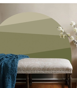 Detail of bohemian semicircular wall sticker with green layered mountain landscape pattern