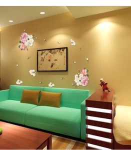 Detailed pink peony wall stickers applied on living room wall with floral elements