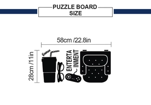 Detailed technical diagram showing 58x28cm puzzle board dimensions and game icons