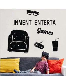 Detail view of black game controller and soda wall stickers in a modern playroom setting