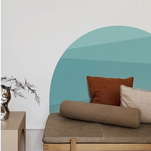 Minimalist bohemian semi-circle wall decal with blue-green gradient for living room decor