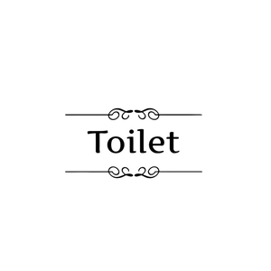Sticker mural toilette minimaliste noir avec volutes décoratives sur fond blanc