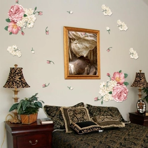 Floral wall decal with pink and white roses for bedroom living room background decor