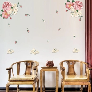 Pink and white peony flower wall stickers for living room sofa background decoration