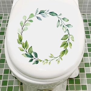 Watercolor Green Leaf Wreath Toilet Sticker Waterproof PVC Bathroom Decoration Home Toilet Lid Wall Decal Mural Art