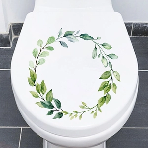 Watercolor green leaf wreath self-adhesive toilet seat sticker for bathroom decoration