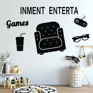 Black game controller wall sticker set with sofa and drink icons for game room decor