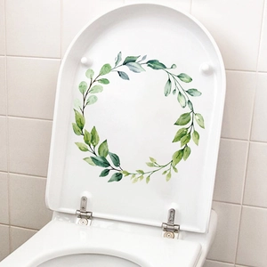 Waterproof green floral wreath toilet lid sticker with hand-painted watercolor leaves
