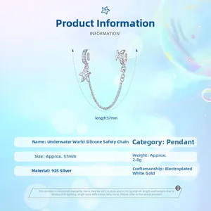 Detailed view of S925 silver starfish and turtle safety chain with blue gems