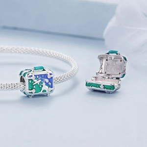 S925 Sterling Silber Koffer-Anhänger für Armbänder mit Emaille und Flugzeug-Motiv