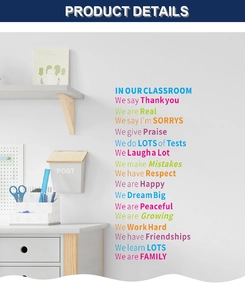 Detail of colorful PVC inspirational wall stickers with classroom rules for home decor