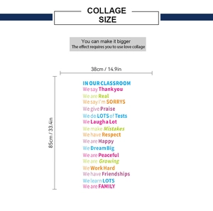 Detailed dimension map of colorful classroom wall stickers measuring 85cm by 38cm