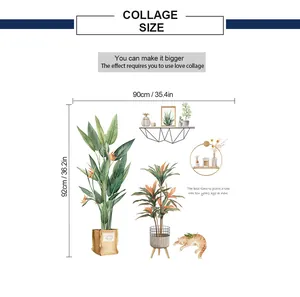 Size chart showing green plant wall sticker dimensions 90x92cm with cat and leaves