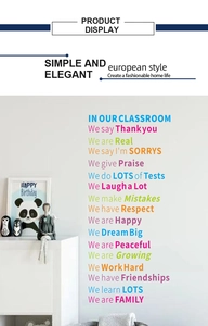 Close-up of colorful motivational classroom rule wall stickers on a clean white wall