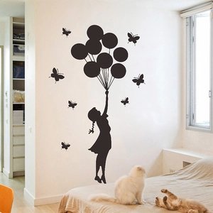 Sticker Mural Moderne Minimaliste en PVC Noir Avec Fille Ballons et Papillons Silhouette pour Salon et Chambre Décor