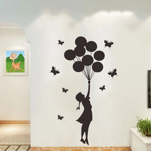 Sticker mural silhouette fille aux papillons et ballons noirs pour déco intérieure