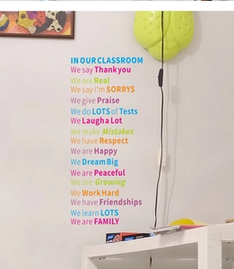 Close-up of colorful Classroom Rules wall decal on white wall with inspirational English text