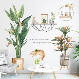 Fresh Green Tropical Leaves Cat Wall Stickers Nordic Style PVC Potted Plants Wall Decals For Living Room Bedroom Home Decoration