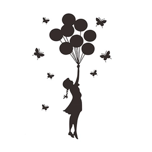 Sticker mural silhouette fille avec ballons et papillons pour décoration intérieure