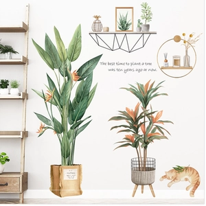 Nordic wall stickers featuring monstera plants, potted greenery and a cute orange cat
