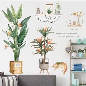 Watercolor tropical leaf wall stickers with orange cat and Nordic home decor accents