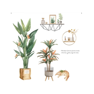 Watercolor green plant wall stickers set with potted leaves and an orange cat decal